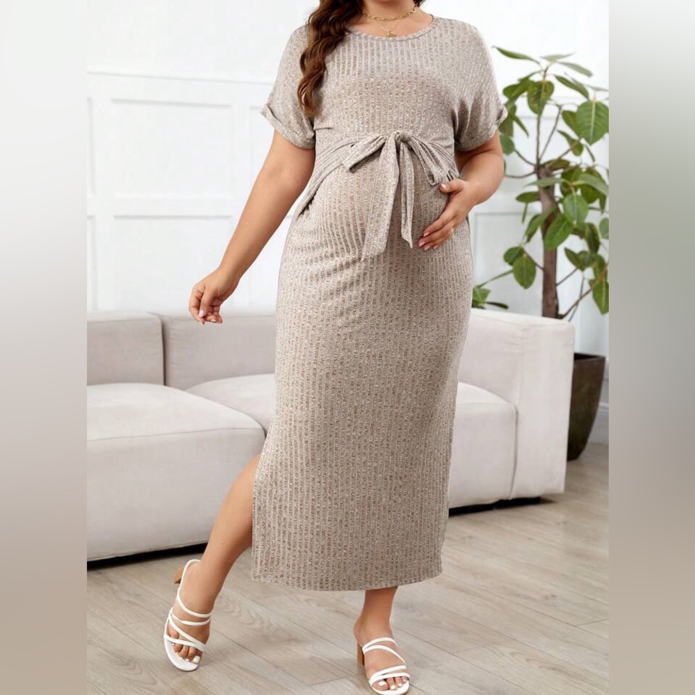 Maternity Plus Size Ribbed Batwing Sleeve Dress, Beige Body con
